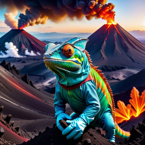 Image of a chameleon in a gloves in the volcano