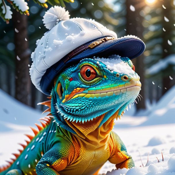 Imagen de un lagarto en una gorra en la nieve