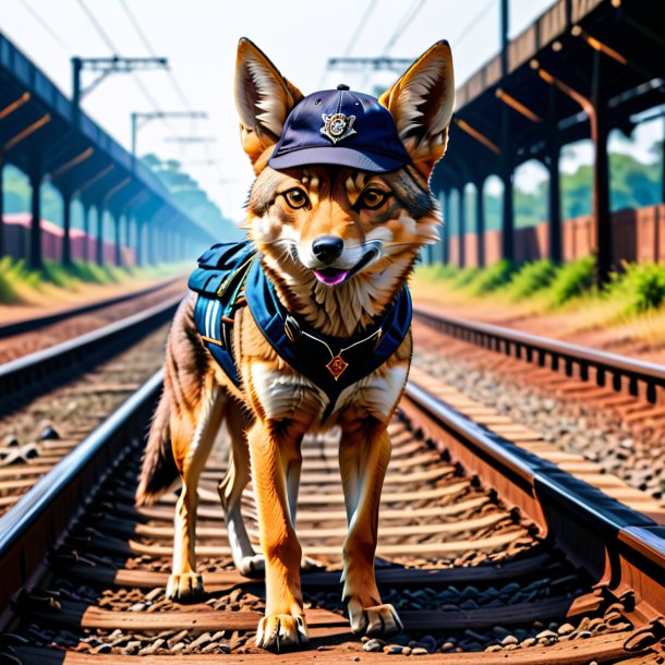 Pic d'un chacal dans un chapeau sur les voies ferrées