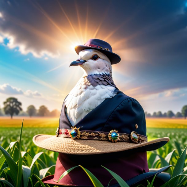 Imagem de uma pomba em um chapéu no campo