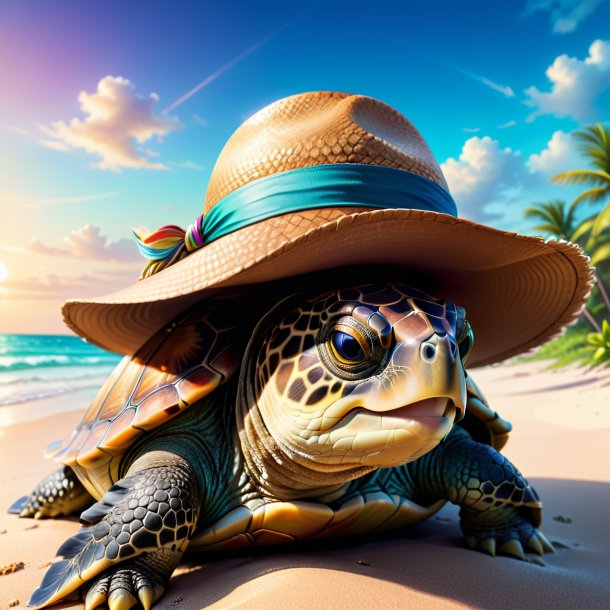 Illustration of a turtle in a hat on the beach