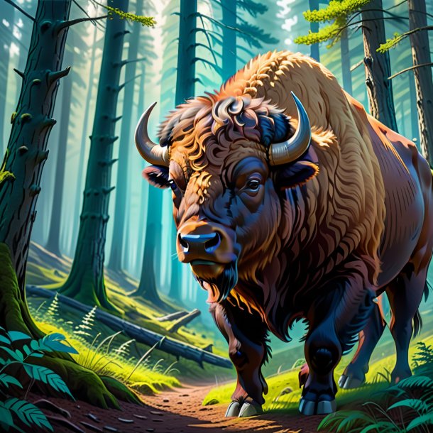 Drawing of a bison in a belt in the forest