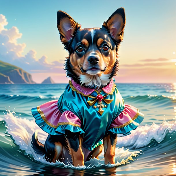 Ilustração de um cão em um vestido no mar