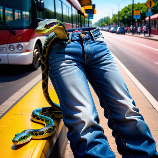 Foto de una serpiente en un vaquero en la parada de autobús