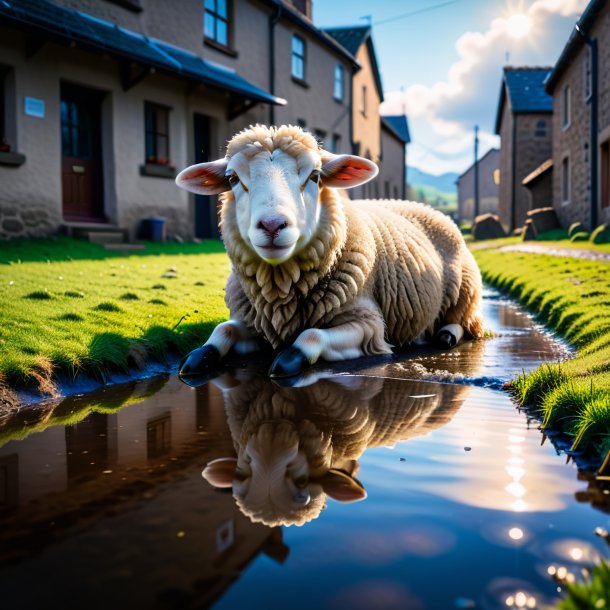 Image of a resting of a sheep in the puddle