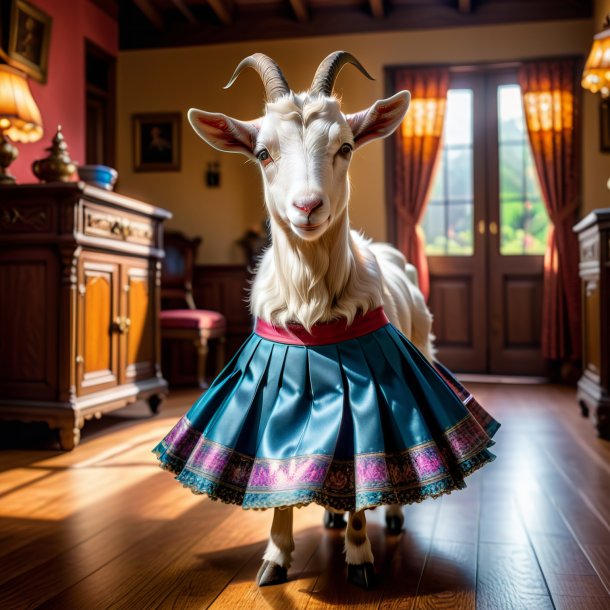 Photo of a goat in a skirt in the house