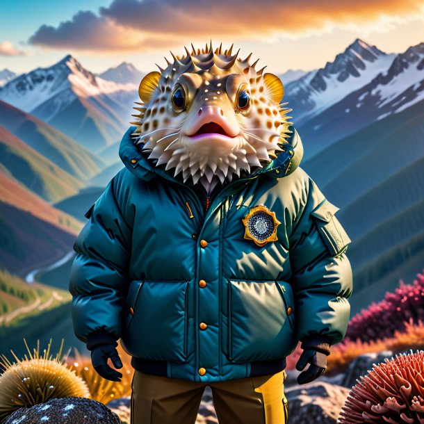 Photo of a pufferfish in a jacket in the mountains