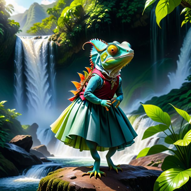 Drawing of a chameleon in a skirt in the waterfall