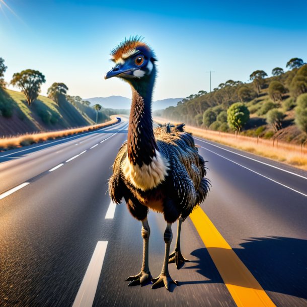 Image of a emu in a belt on the highway