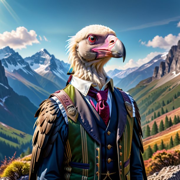 Image of a vulture in a vest in the mountains