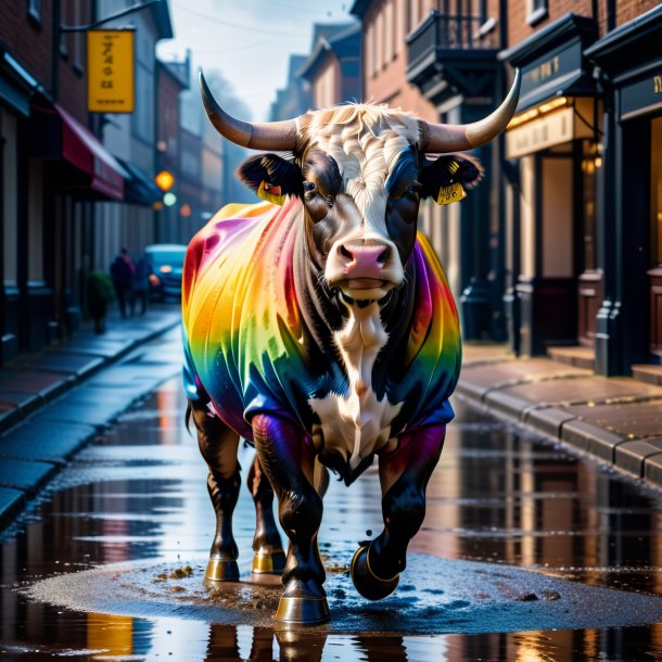 Pic of a bull in a coat in the puddle