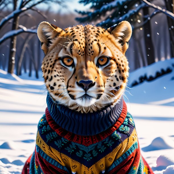 Image of a cheetah in a sweater in the snow