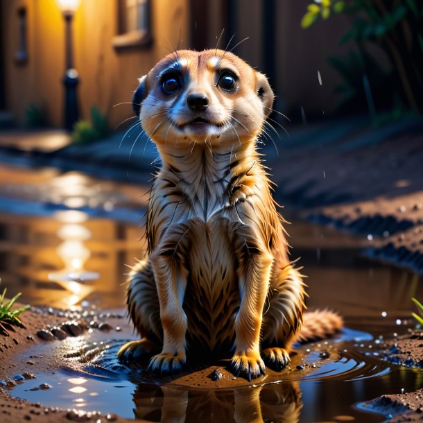 Picture of a crying of a meerkat in the puddle