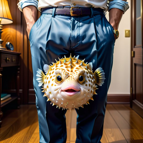 Drawing of a pufferfish in a trousers in the house