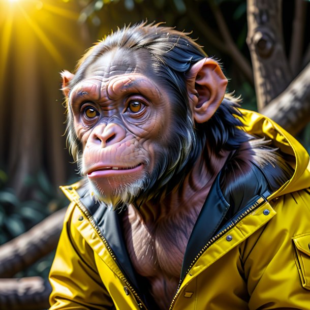 Imagem de um chimpanzé em um casaco amarelo