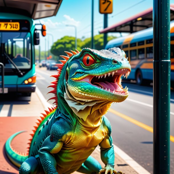 Picture of a angry of a lizard on the bus stop