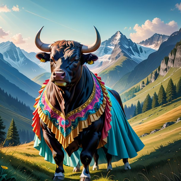 Illustration of a bull in a dress in the mountains