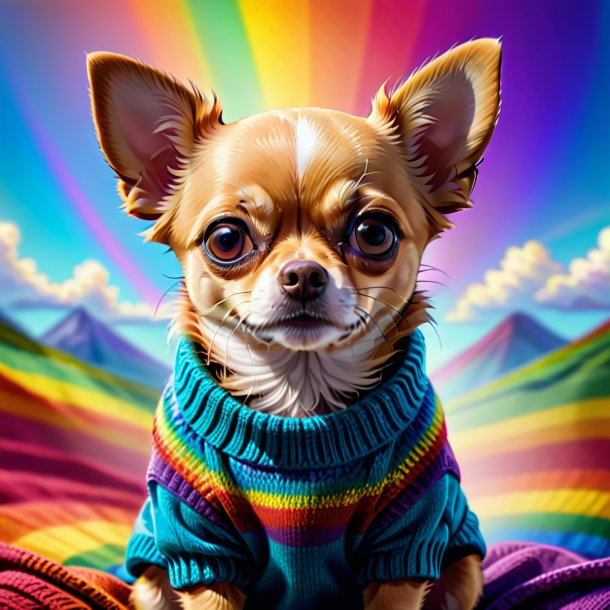 Drawing of a chihuahua in a sweater on the rainbow