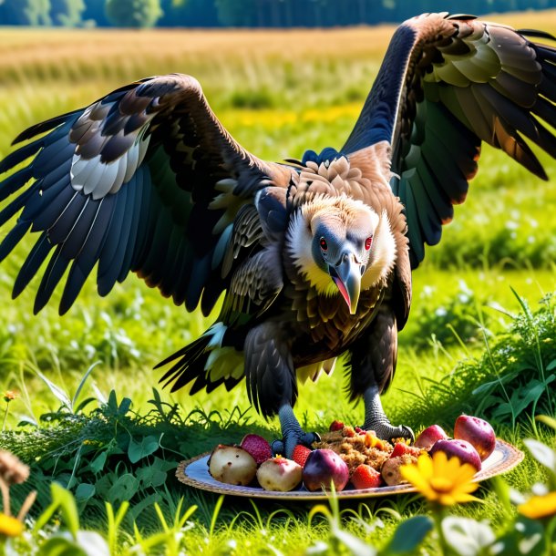 Foto de una comida de un buitre en el prado