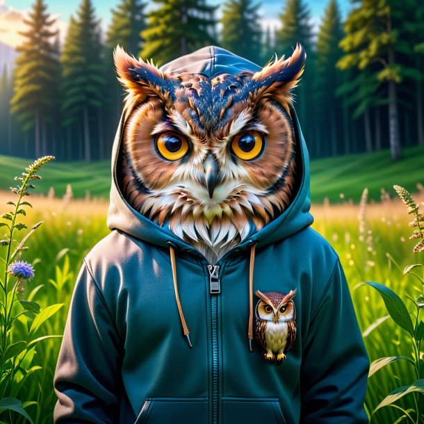 Photo of a owl in a hoodie in the meadow