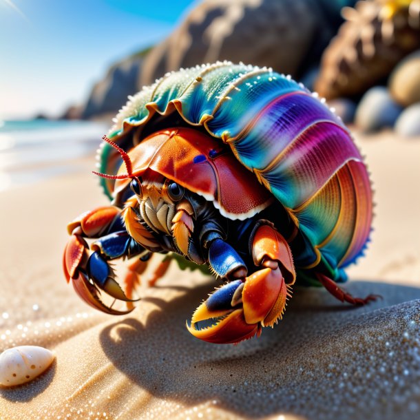 Pic of a hermit crab in a coat on the beach