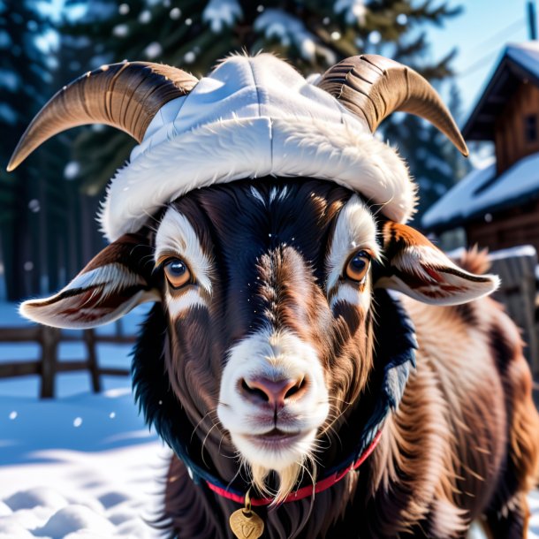 Foto de uma cabra em um boné na neve