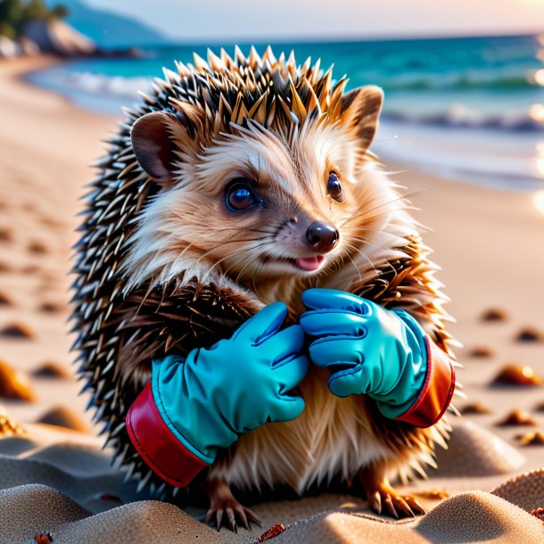 Imagen de un erizo en guantes en la playa