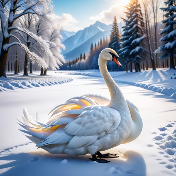 Imagem de um cisne em um vestido na neve