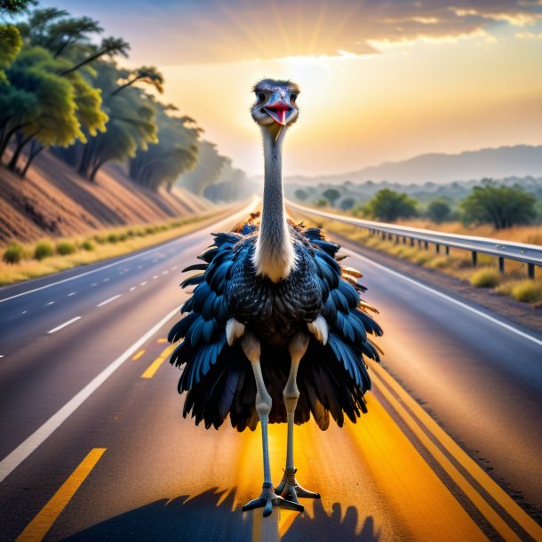 Foto de un avestruz en un vestido en la carretera