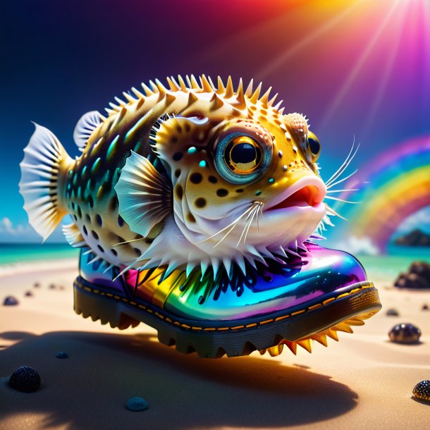 Pic of a pufferfish in a shoes on the rainbow