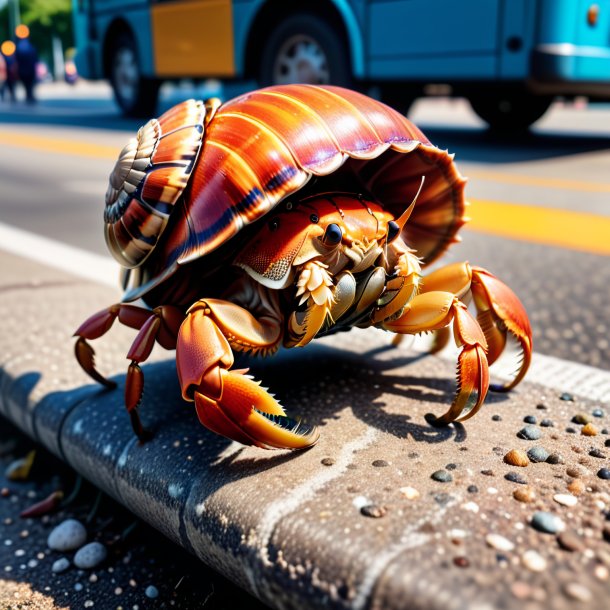 Photo of a hermit crab in a shoes on the bus stop