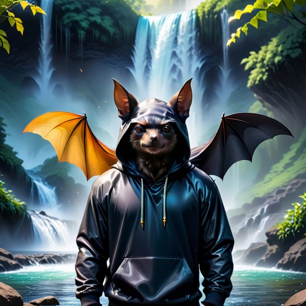 Image of a bat in a hoodie in the waterfall