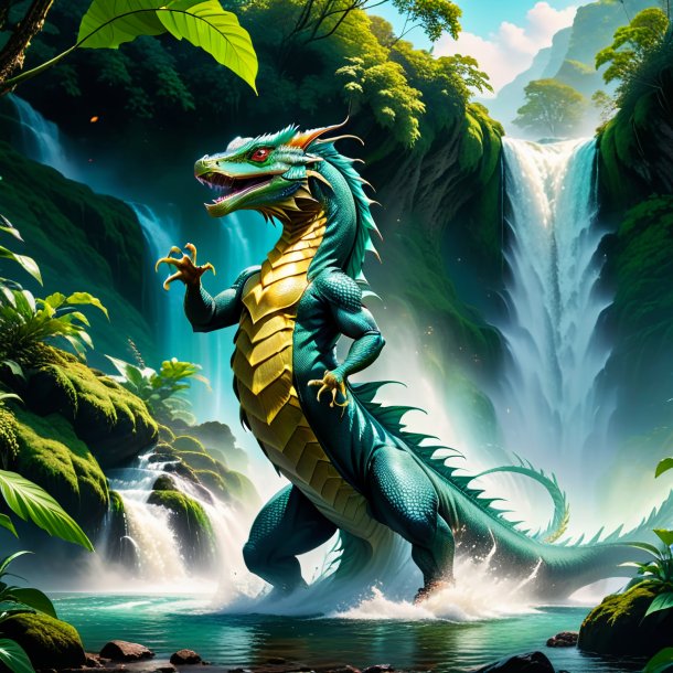 Picture of a dancing of a basilisk in the waterfall