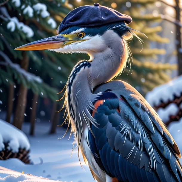 Picture of a heron in a cap in the snow