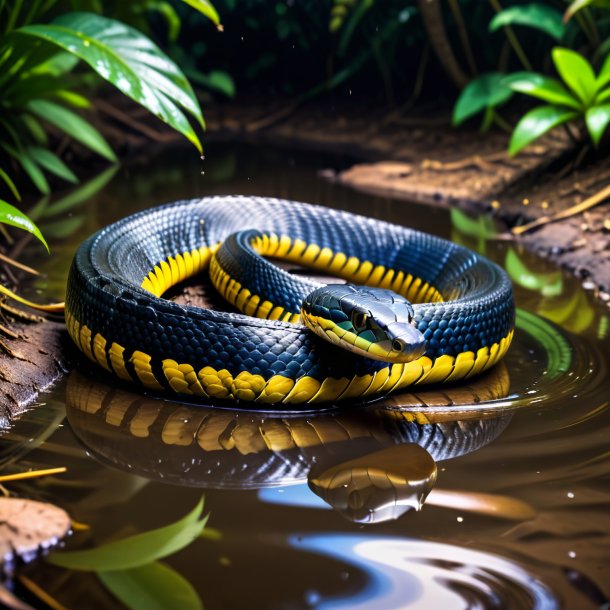 Photo of a king cobra in a belt in the puddle