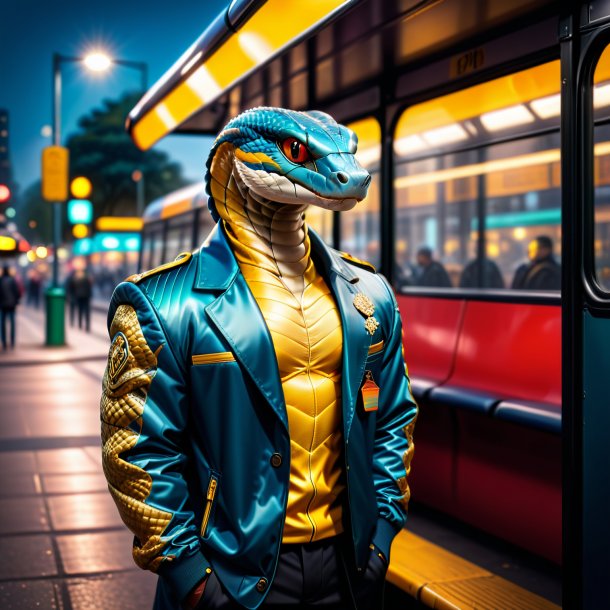 Image of a cobra in a jacket on the bus stop