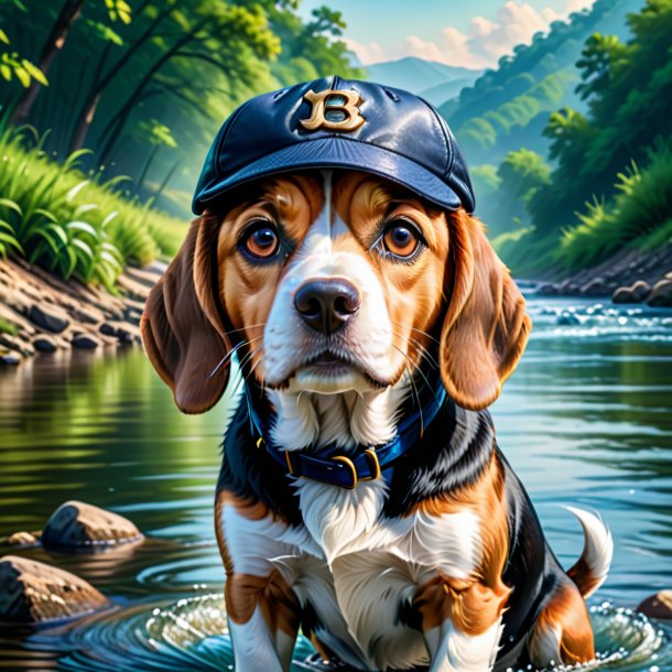 Ilustración de un beagle en un gorro en el río