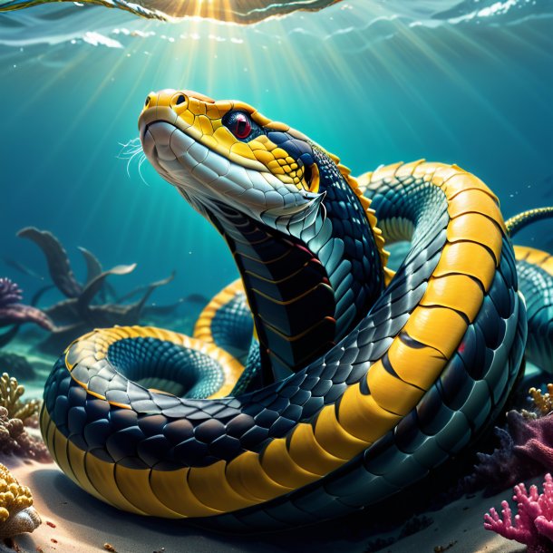 Drawing of a king cobra in a cap in the sea