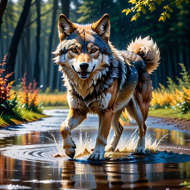 Picture of a dancing of a wolf in the puddle