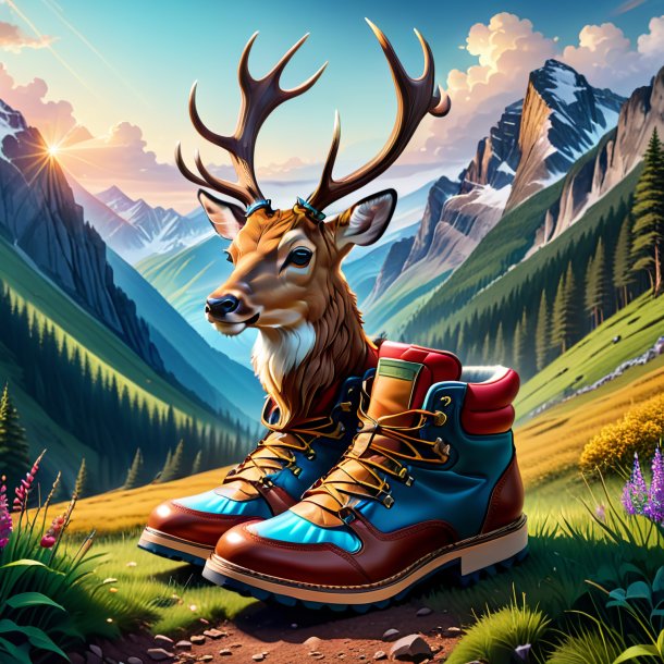 Dessin d'un cerf dans une chaussure dans les montagnes