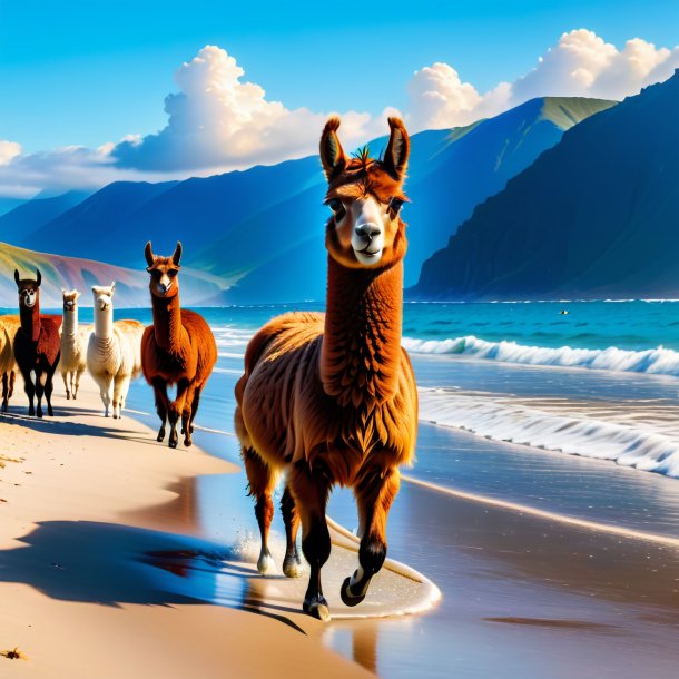 Image of a swimming of a llama on the beach