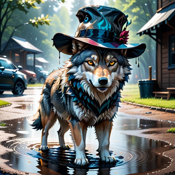 Drawing of a wolf in a hat in the puddle