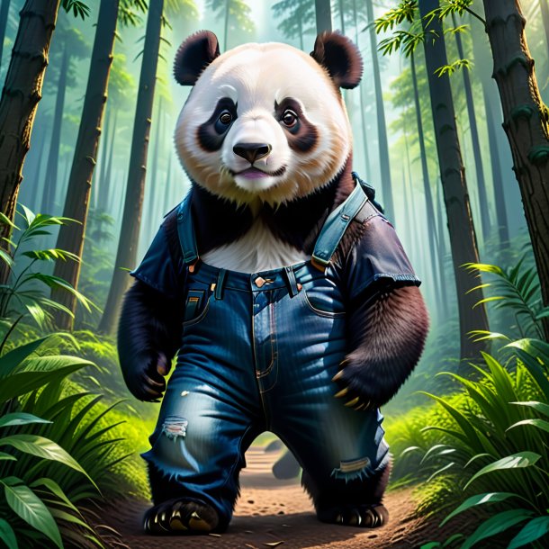 Picture of a giant panda in a jeans in the forest