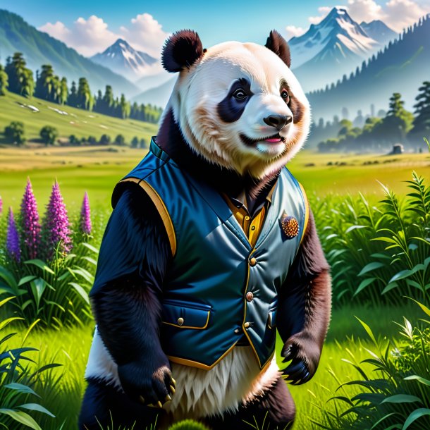 Pic of a giant panda in a vest in the meadow