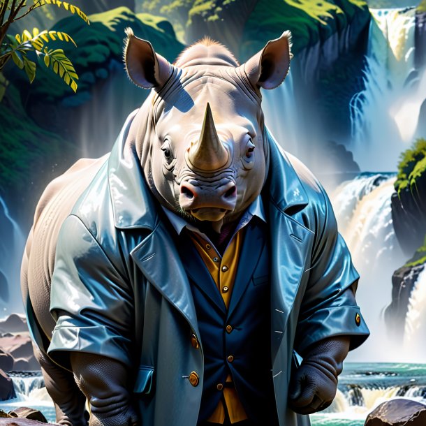 Image of a rhinoceros in a coat in the waterfall