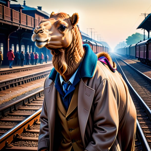 Drawing of a camel in a coat on the railway tracks