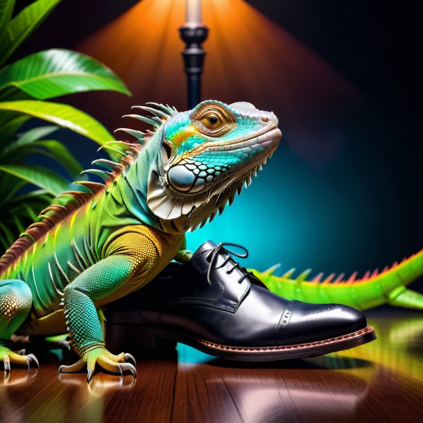 Photo of a iguana in a black shoes