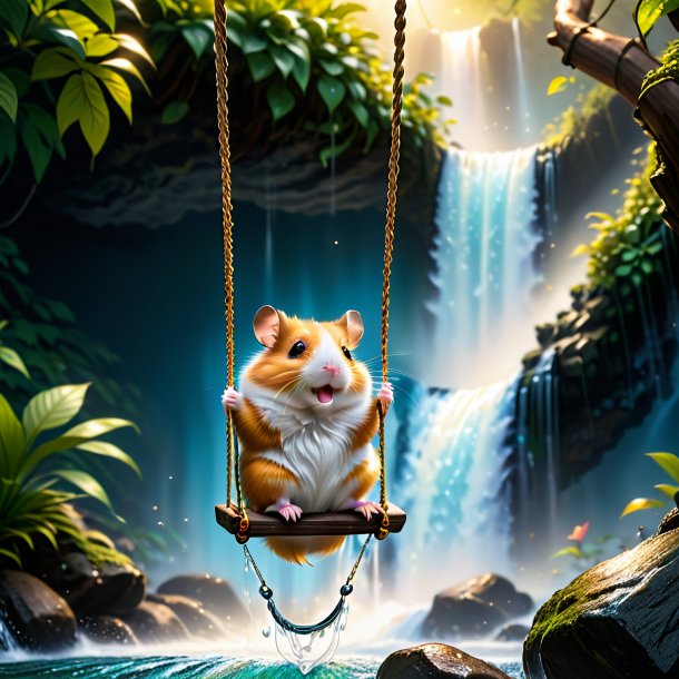 Picture of a swinging on a swing of a hamster in the waterfall