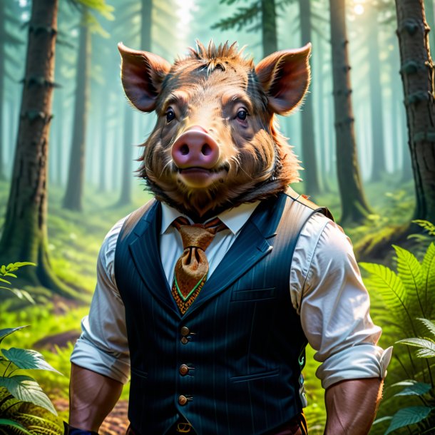 Image of a boar in a vest in the forest