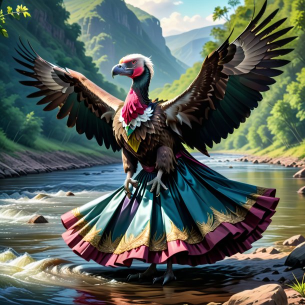 Illustration of a vulture in a skirt in the river